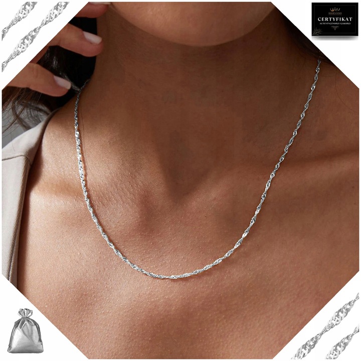 SREBRNY ŁAŃCUSZEK DAMSKI SINGAPUR SKRĘCANY 50cm ŁAŃCUSZEK SREBRO PRÓBA 925