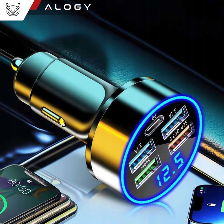 SZYBKA ŁADOWARKA SAMOCHODOWA 120W 4xUSB QC 3.0 + USB-C TYP C PD 20W CZARNA