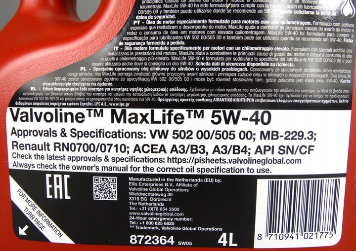 VALVOLINE MAXLIFE SYNTHETIC 5W40 SN/CF A3/B4 SYNTETYCZNY 4L