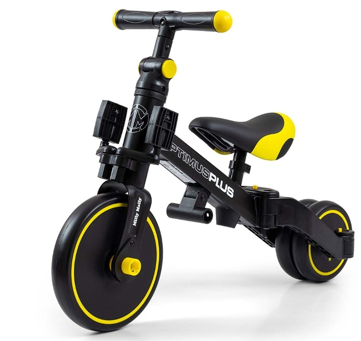 Milly Mally Rowerek 4w1 Optimus Plus Black Czarny Żółty z Rączką Regulowany