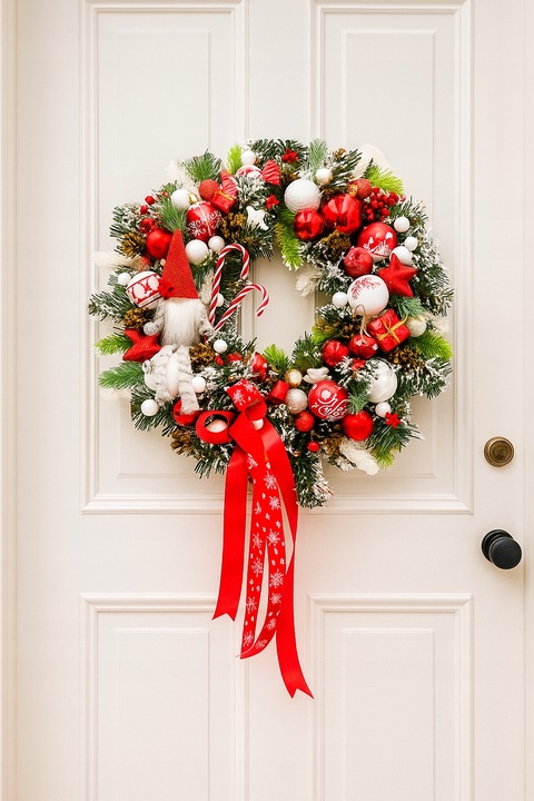 Wianek świąteczny 45cm biało-czerwony ze skrzatem wieniec stroik lampki LED