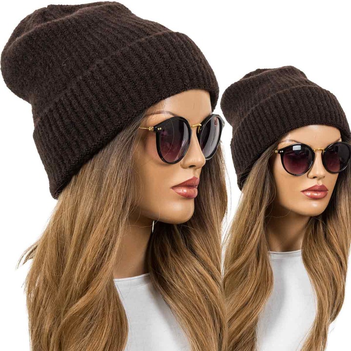 CZAPKA DAMSKA CIEPŁA Wywijana Zimowa czekoladowy brąz Beanie PREMIUM