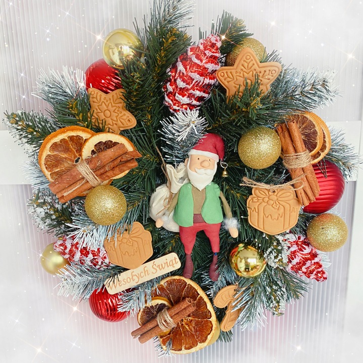 HANDMADE 50 Wianek Mikołaj świąteczny wieniec stroik na drzwi skrzat worek