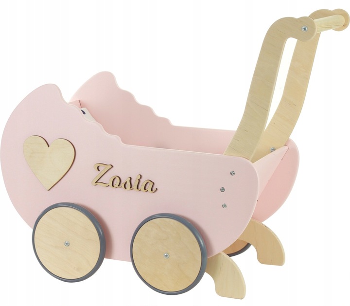 drewniany WÓZEK DLA LALEK + IMIĘ POŚCIEL stopery