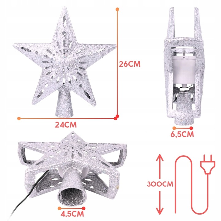 ŚWIECĄCA GWIAZDA OZDOBA NA CHOINKĘ LED Z PROJEKTOREM CZUBEK SREBRNA NA PRĄD