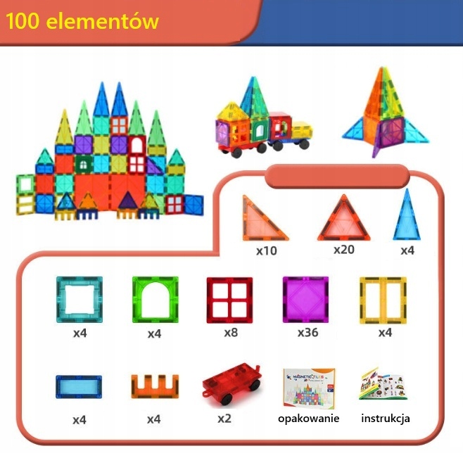 Klocki Magnetyczne 3D Konstrukcyjne Zestaw 100 elementów 3+ Edukacyjne DUŻE