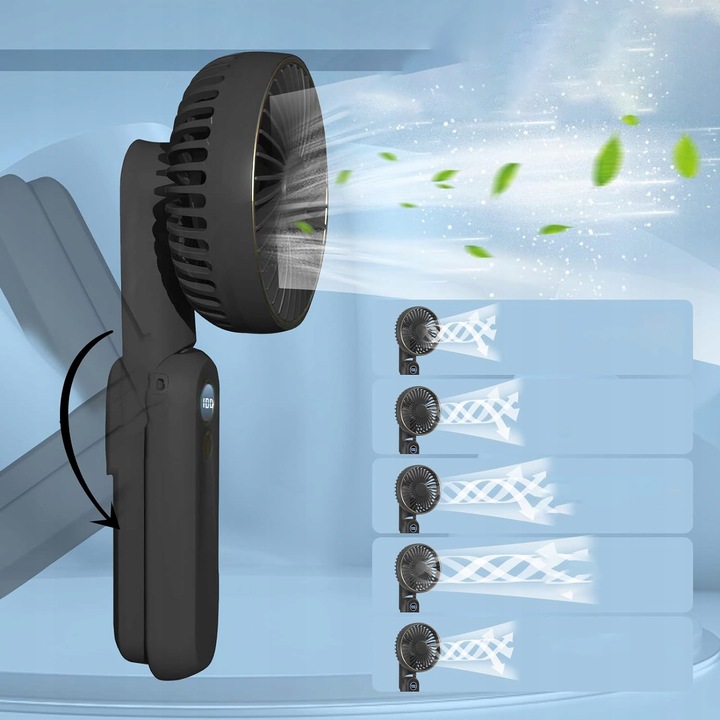 WENTYLATOR RĘCZNY MINI SKŁADANY 5 PRĘDKOŚCI NAWIEWU I 180° PRZENOŚNY CZARNY