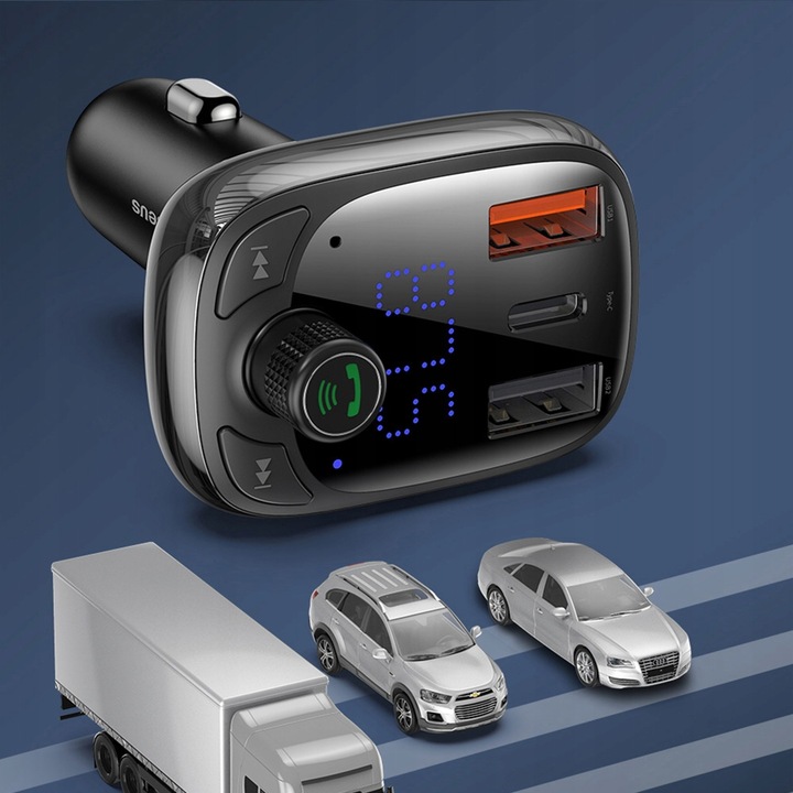 BASEUS ładowarka samochodowa 2xUSB A+TypC+transmitter FM BT PD QC4.0 5A 36W