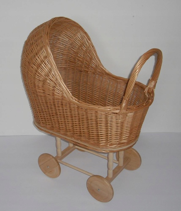 Wózek wiklinowy dla lalek NATURALNY pchacz pościel