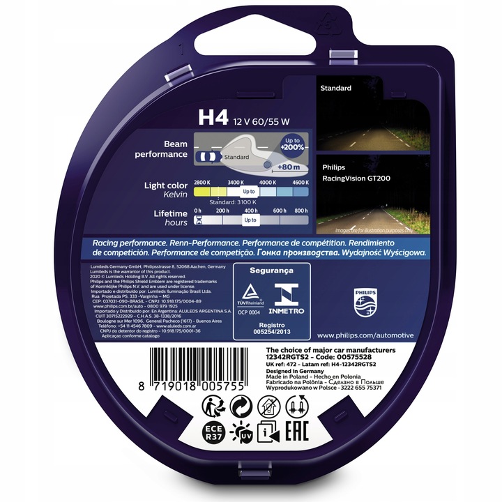 Philips żarówki samochodowe H4 12V 60/55W P43t-38 RacingVision GT200 +200%