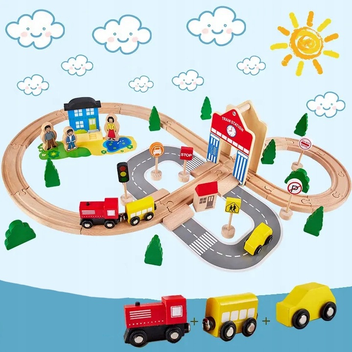 DREWNIANA KOLEJKA TOR WAGONY POCIĄG Budynki Ciuchcia Lokomotywa Zestaw