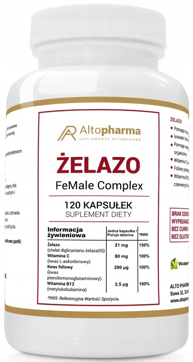 ŻELAZO CHELAT WITAMINA B9 B12 C WEGAN 3x120 kaps