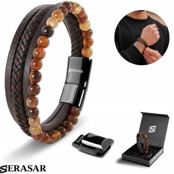 SERASAR, Bransoletka skórzana [kamień] dla mężczyzn, w tym pudełko
