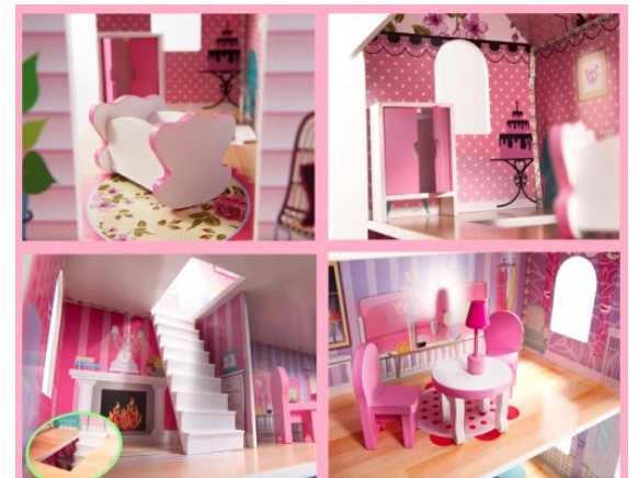 DUŻY DREWNIANY DOMEK DLA LALEK XXL ŚWIATŁA LED zestaw MEBLE OŚWIETLENIE MDF