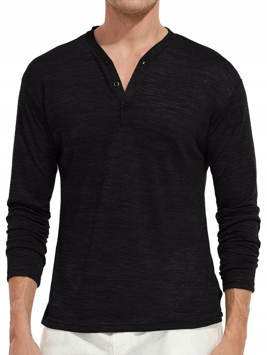 T-SHIRT MĘSKI V-NECK Z DŁUGIM RĘKAWEM Z GUZIKAMI CZARNY CASUAL SHEIN M