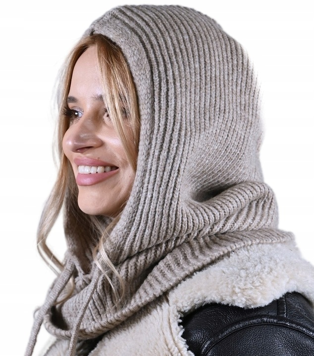CZAPKA Kominiarka KAPTUR komin Balaclava damska ciepła miekka zimowa Latte