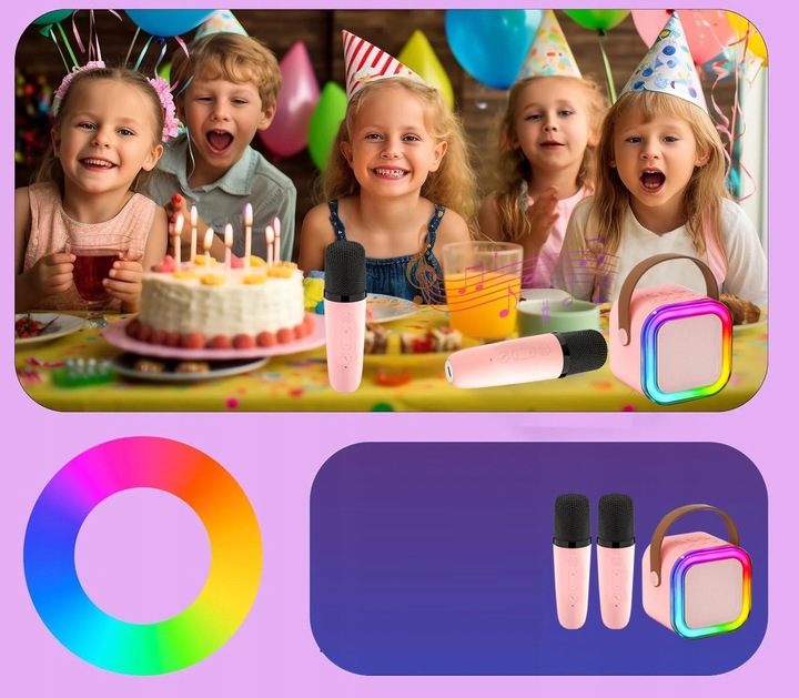 GŁOŚNIK PRZENOŚNY ZESTAW DO KARAOKE RGB BLUETOOTH 2 MIKROFONY USB JACK PINK
