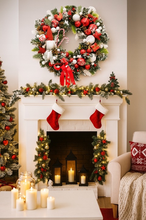 Wianek świąteczny 45cm biało-czerwony ze skrzatem wieniec stroik lampki LED