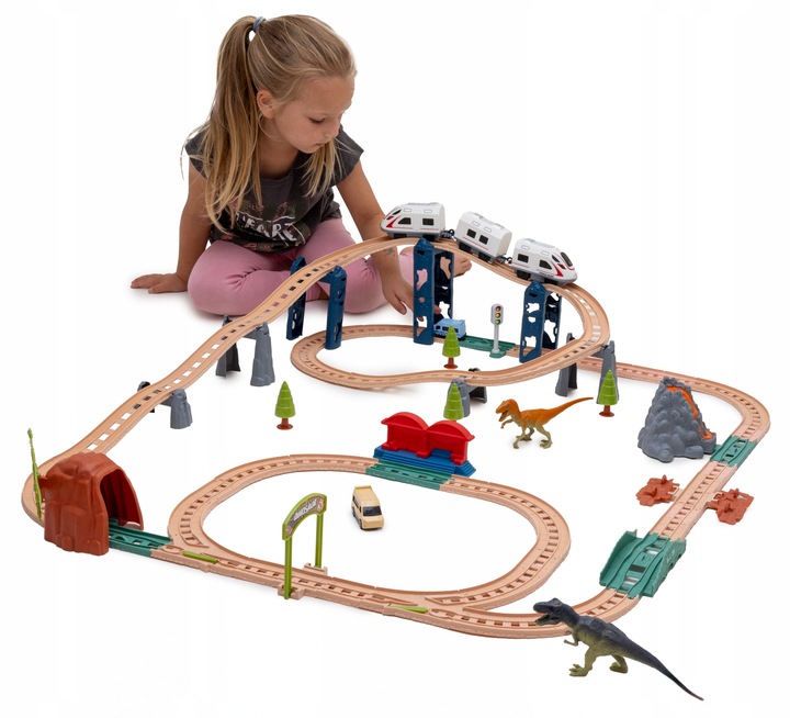 Interaktywna KOLEJKA elektryczna DŹWIĘKI pociąg wagony zwrotnice dinozaury