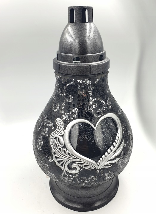 Znicz Szklany Karafka Witraż Mozaika Serce Czarno-Srebrny 38cm Lampion