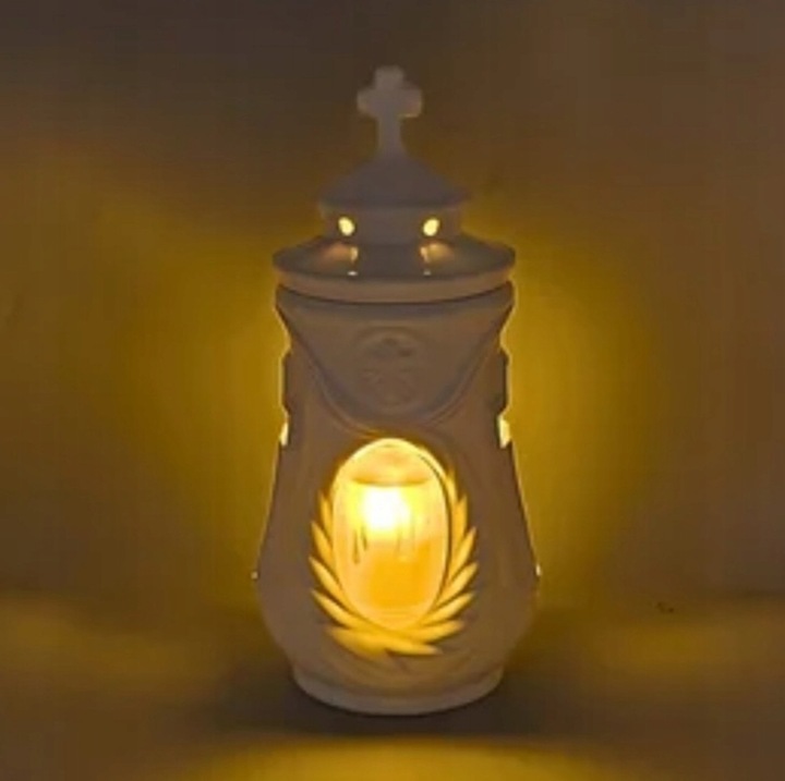 Znicz ceramiczny kapliczka biały 32cm z lampką led