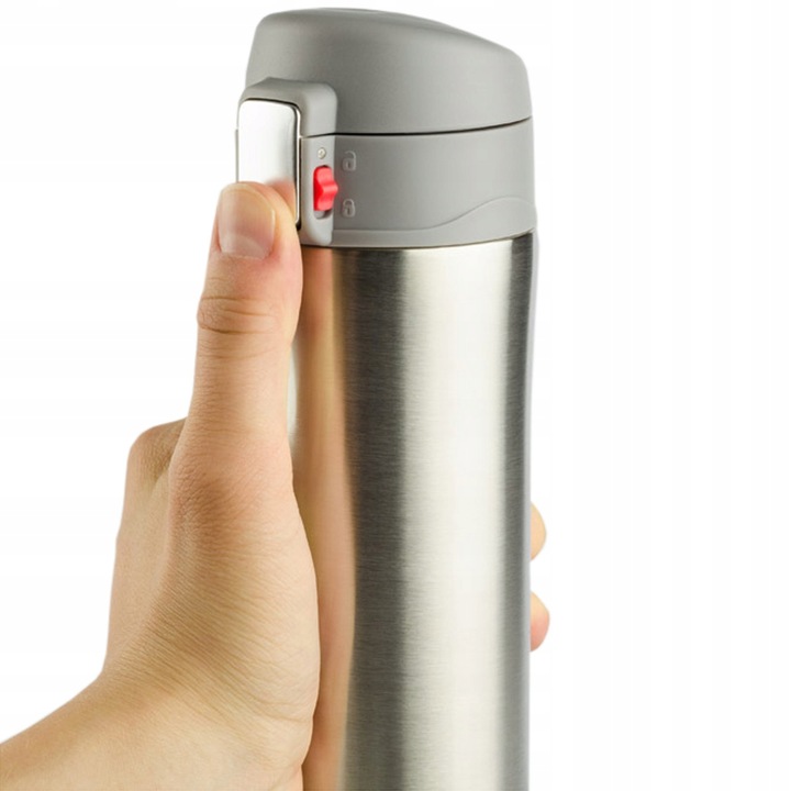 KUBEK LOCK 440 ML SREBRNY termiczny szczelny z blokadą i izolacją próżniową