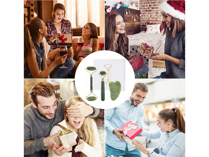 3w1 Masażer do twarzy KAMIEŃ GUA SHA z jadeitu zestaw roller wałek masażu