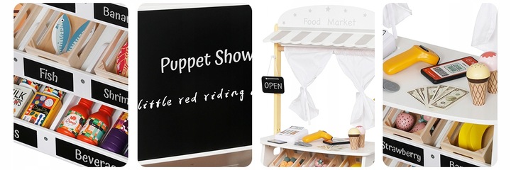 DREWNIANY STRAGAN TEATRZYK MINI MARKET SKLEP WARZYWNIAK Z AKCESORIAMI