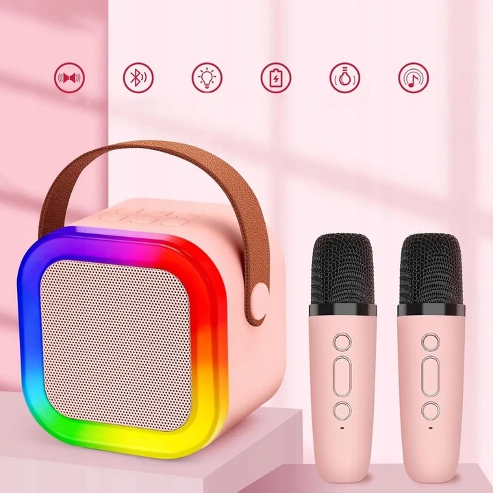 ZESTAW KARAOKE BEZPRZEWODOWY PRZENOŚNY 2x MIKROFON + GŁOŚNIK BLUETOOTH RGB