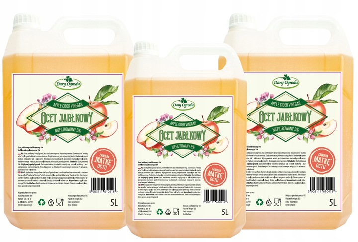 Ocet Jabłkowy Niefiltrowany z Matką Octu Niepasteryzowany 3x5 L Dary Ogrodu
