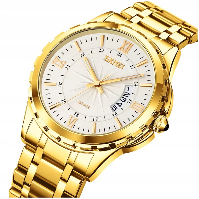 Zegarek męski bransoleta srebrny złoty czytelna tarcza datownik