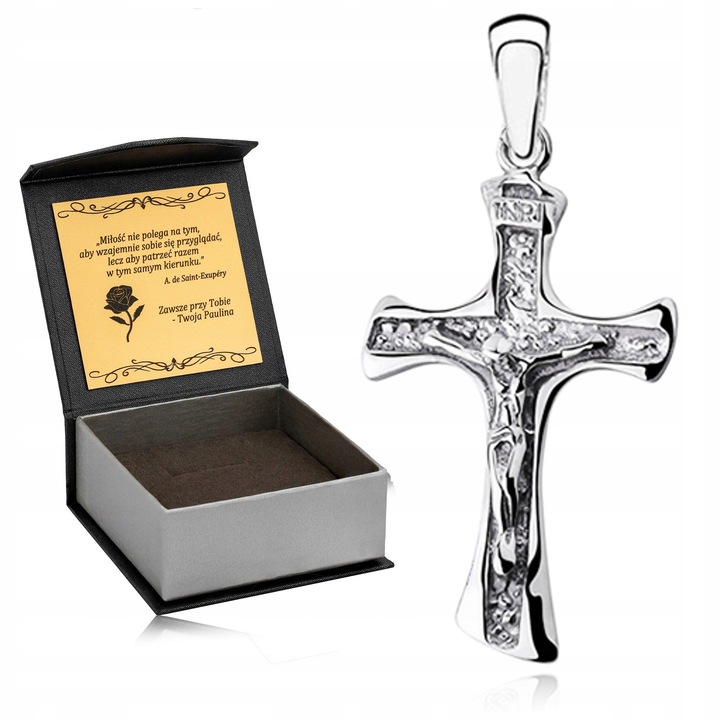 SREBRNY KRZYŻ KRZYŻYK SREBRO PR 925 + PUDEŁKO Z GRAWEREM NA KOMUNIĘ CHRZEST