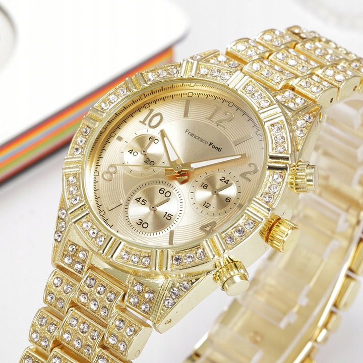 ZŁOTY ZEGAREK DAMSKI Z KRYSZTAŁAMI NA BRANSOLECIE 585 NA PREZENT DLA ŻONY