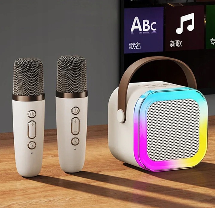 PRZENOŚNY ZESTAW KARAOKE GŁOŚNIK BLUETOOTH RGB DWA MIKROFONY USB MINI JACK