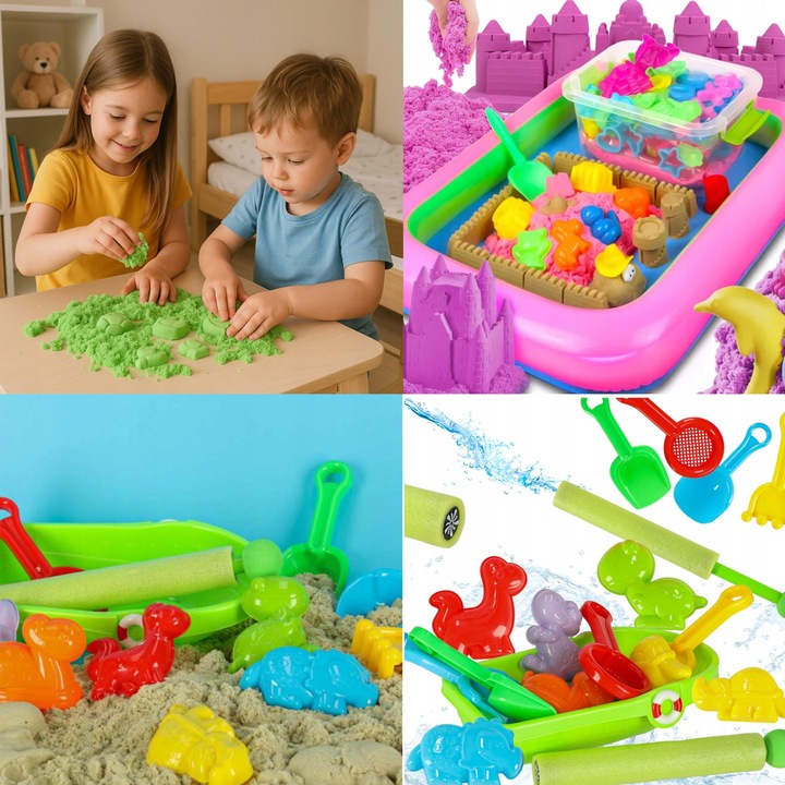 DUZY ZESTAW XXL PIASEK KINETYCZNY 5 KG BASEN ŁOPATKA PIASKOWNICA STATEK