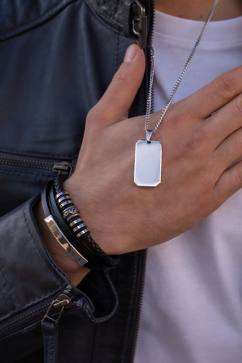 NIEŚMIERTELNIK MĘSKI Z GRAWEREM SREBRNY ŁAŃCUSZEK PANCERKA STAL NA PREZENT