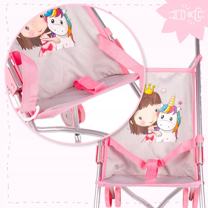 WÓZEK DLA LALEK LEKKI SKŁADANY PARASOLKA SPACERÓWKA JEDNOROŻEC KSIĘŻNICZKA