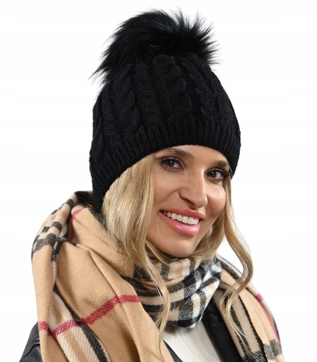 Czapka damska zimowa Ciepła dwuwarstwowa z polarem Pompon POLSKA Produkcja