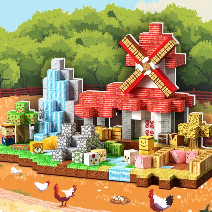 KLOCKI MAGNETYCZNE KLOCKI SZEŚCIANY FARMA 150 KLOCKÓW PIKSELE DLA DZIECI