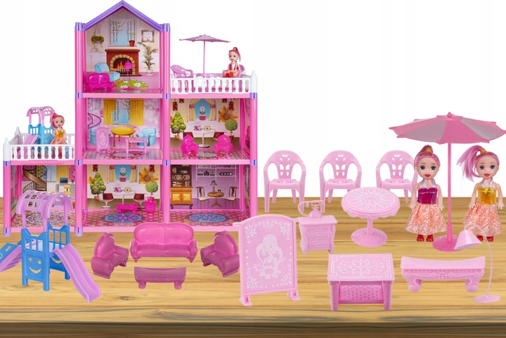 Domek dla Lalek 2 Laleczki 3 Piętra Mebelki Do Zestawu Dla Dzieci Akcesoria