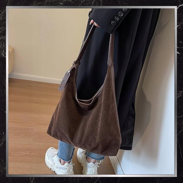 Torebka Damska Zamszowa BAD&BAGS Na Ramię Torba Pojemna Brązowa Elegancka