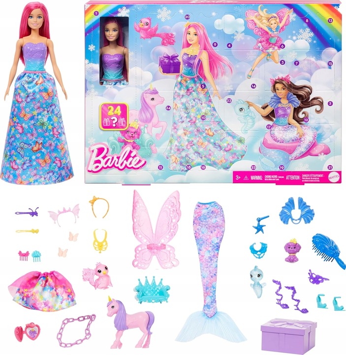 LALKA BARBIE DREAMTOPIA KALENDARZ ADWENTOWY 24 niespodzianki + lalka HRG90