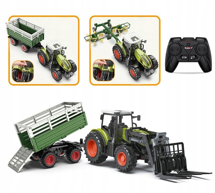 TRAKTOR ZDALNIE STEROWANY Z PRZYCZEPĄ 4W1 AKCESORIA ZESTAWS