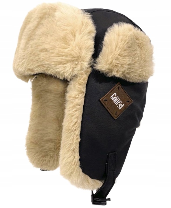 CZAPKA DAMSKA MĘSKA ZIMOWA USZATKA TRAPERKA PILOTKA EKO SKÓRA FUTRO CZARNA