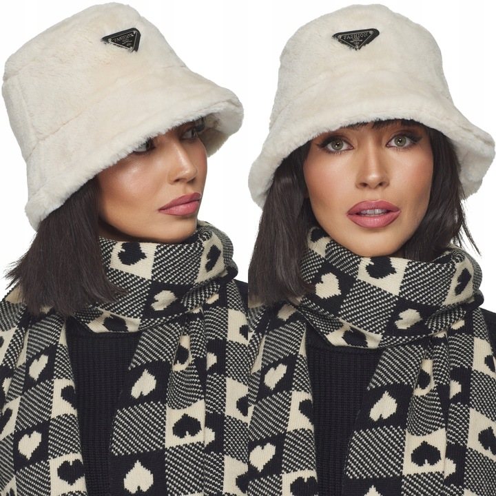 CZAPKA DAMSKA futrzana na zimę zimowa ciepła z futerkiem bucket jasny beż