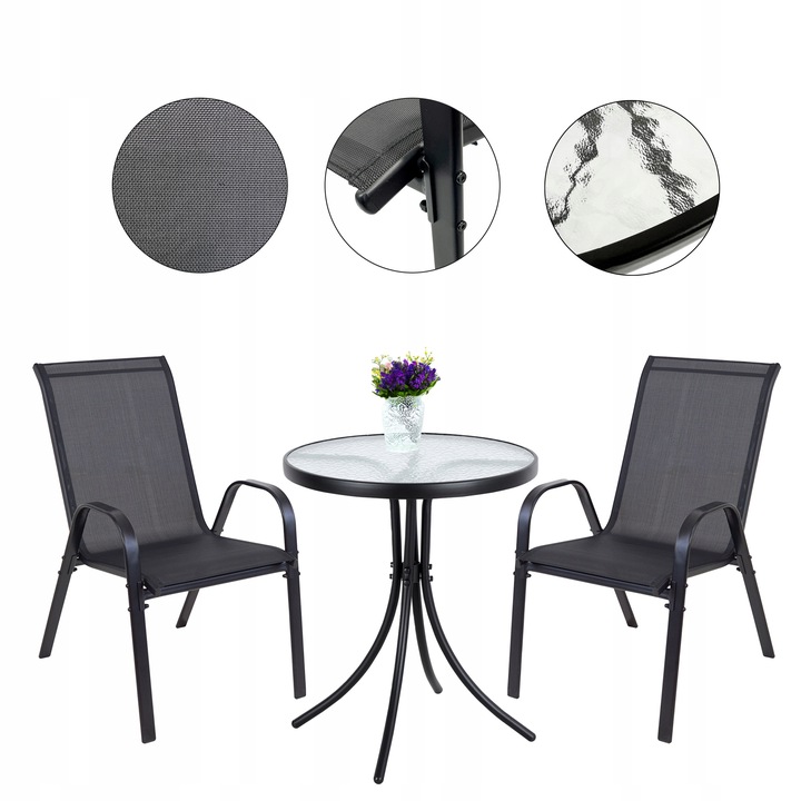KOMPLET MEBLI BALKON OGRÓD TARAS STÓŁ + 2x KRZESŁA TERNI 60 MI CZARNY