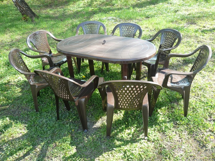 MOCNY BRĄZOWY ZESTAW 8+1 KRZESŁA DUŻY STÓŁ OGRÓD