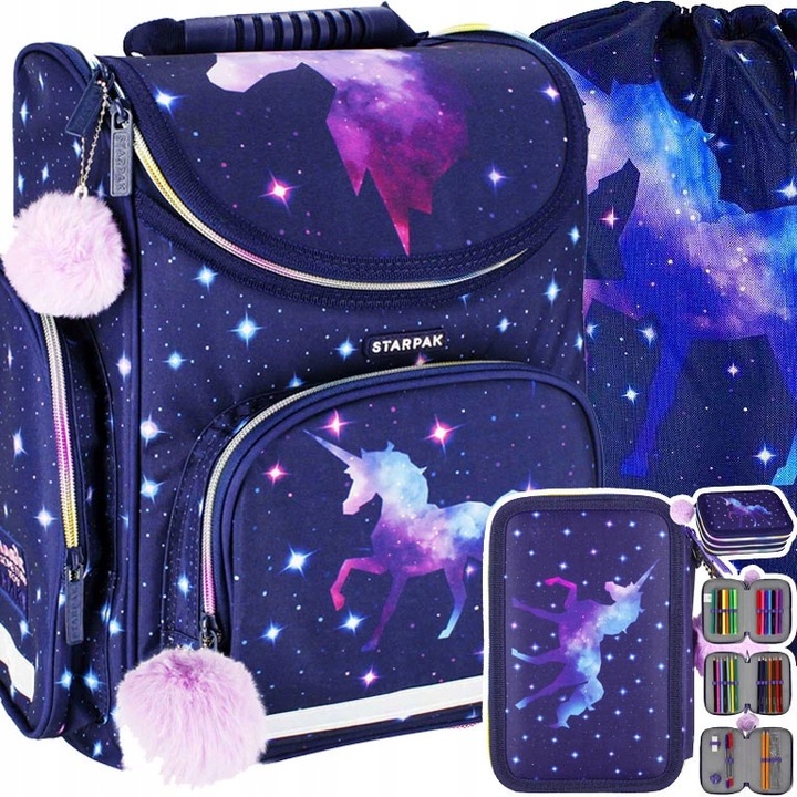 TORNISTER ERGONOMICZNY SZKOLNY DLA DZIEWCZYNKI JEDNOROŻCE PIÓRNIK WOREK