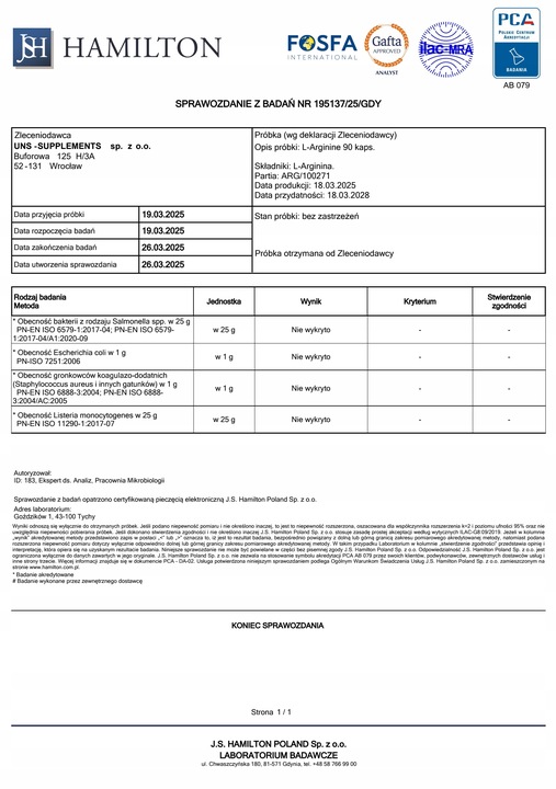 UNS L-ARGININE 90 KAPS LIBIDO SIŁA POMPA POTENCJA