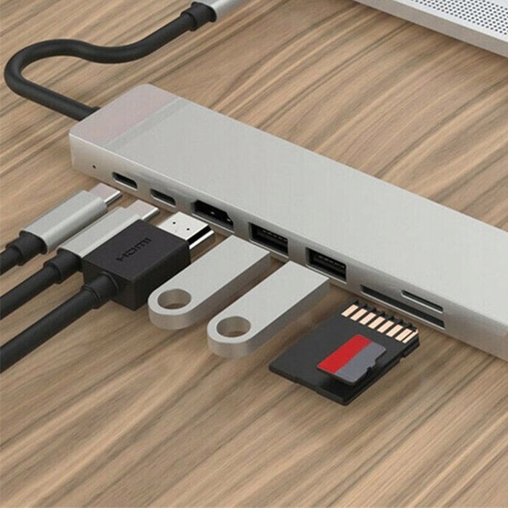 HUB USB C 3.0 8W1 ADAPTER PRZEJŚCIÓWKA PORT HDMI 4K KARTA SD LAN WTYK RJ45